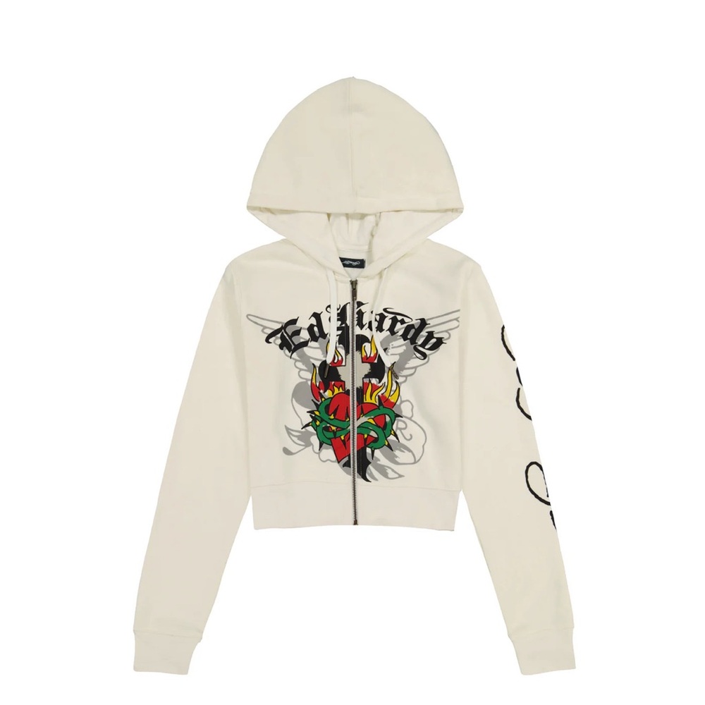 Ed Hardy White Zip-Up with Red and Green Graphic